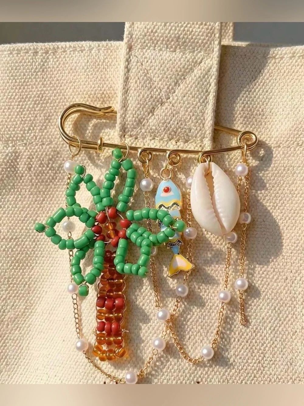 Brooch with Green Beaded Palm, Shell & Pearls M846
